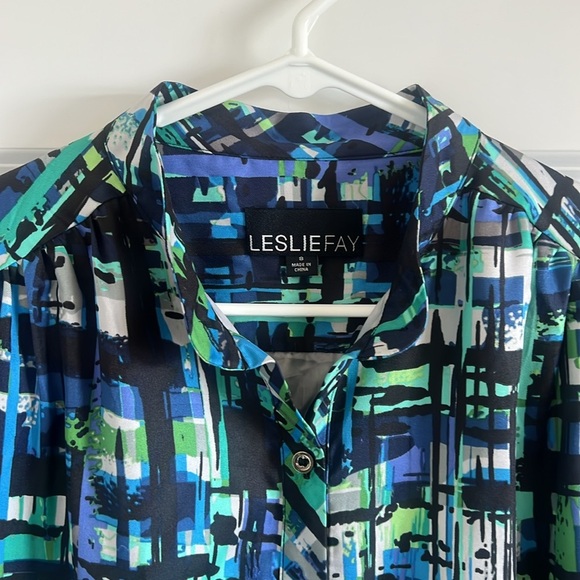 Leslie Fay Modest Long Sleeve Belted Duster Shirt Dress Abstract Geometric Sz 8 - Picture 2 of 10